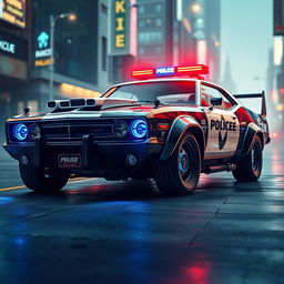 A sleek, heavily-armored police sedan known as The Enforcer, designed with a fusion of vintage muscle car aesthetics and cutting-edge technology