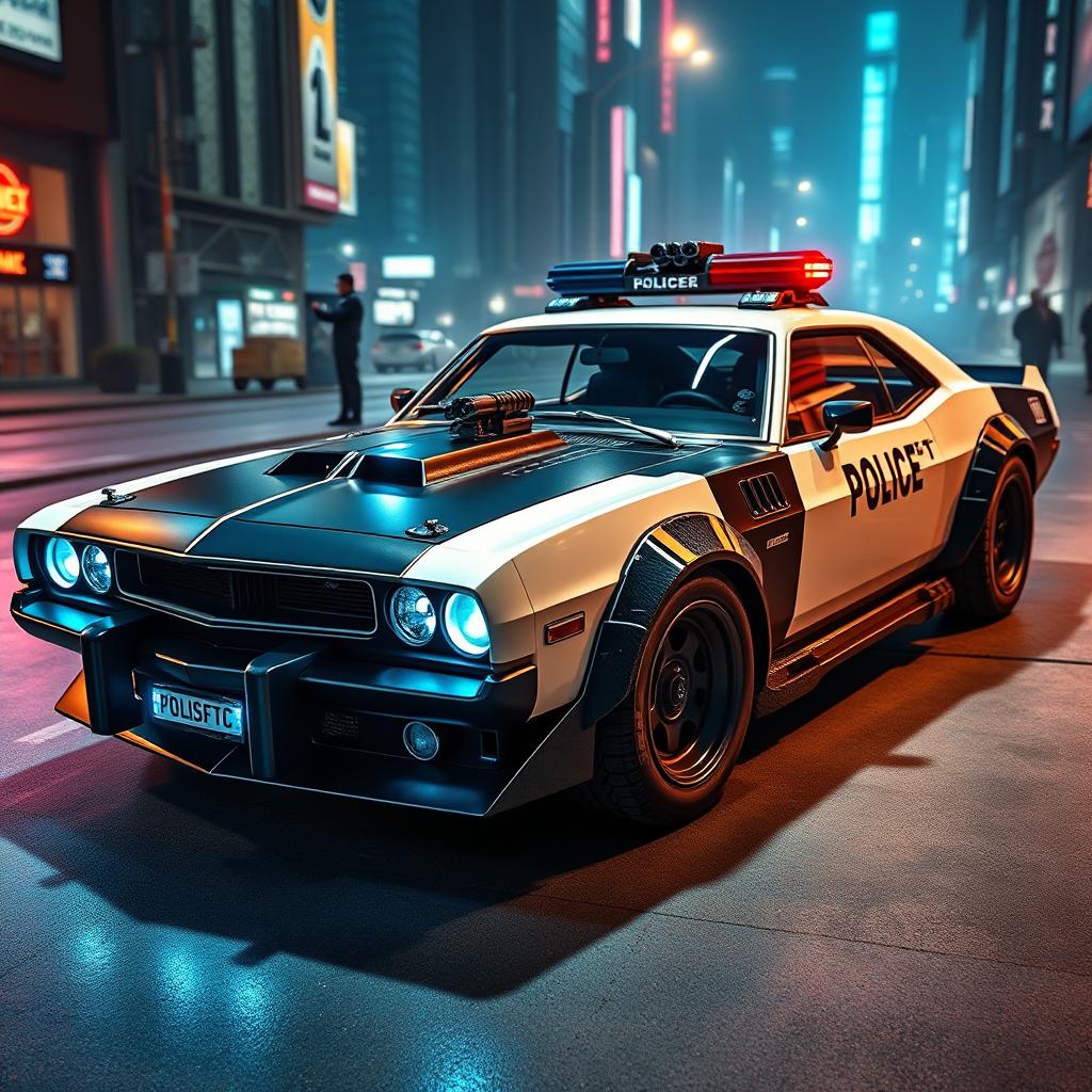 A sleek, heavily-armored police sedan known as The Enforcer, designed with a fusion of vintage muscle car aesthetics and cutting-edge technology