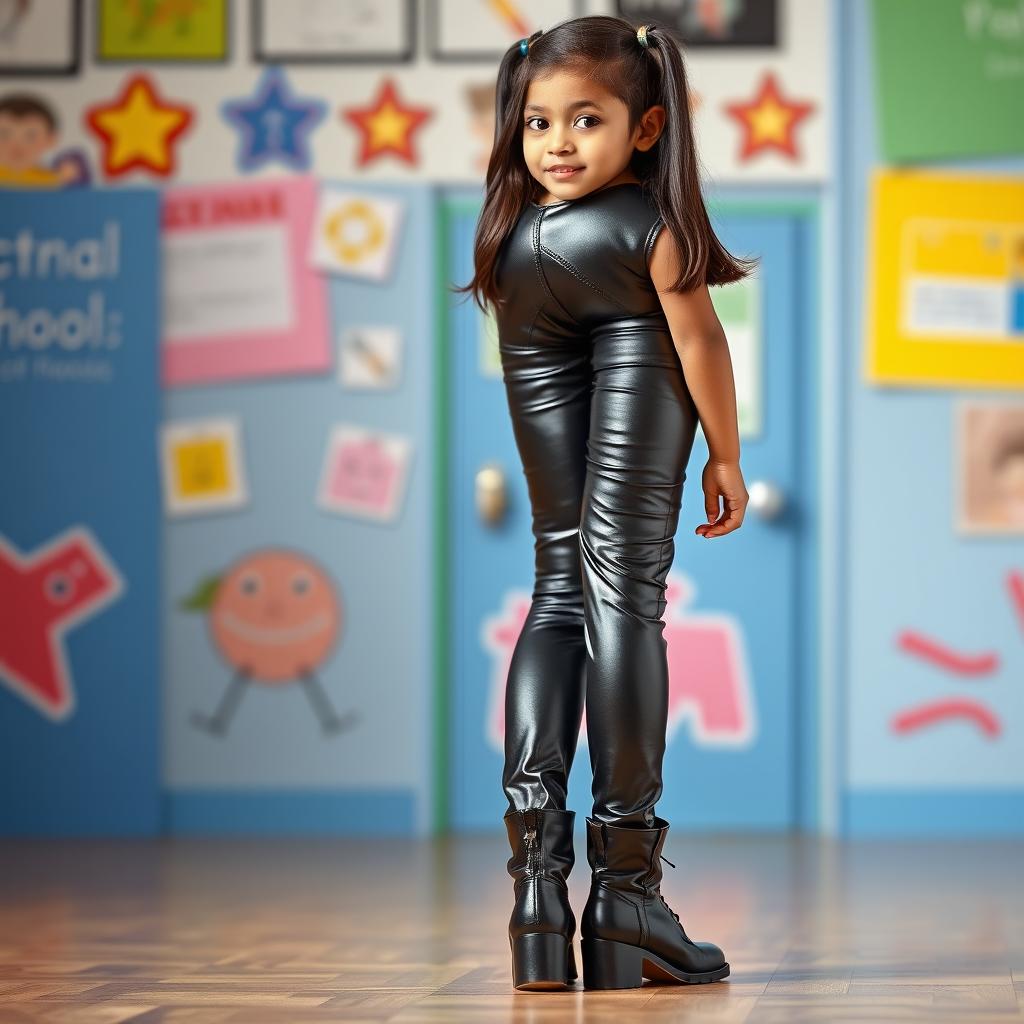 A young Indian school girl, 16 years old, wearing shiny tight black latex leather jeans and stylish black boots, showcasing a cute and playful appearance