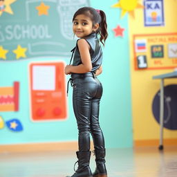 A young Indian school girl, 16 years old, wearing shiny tight black latex leather jeans and stylish black boots, showcasing a cute and playful appearance