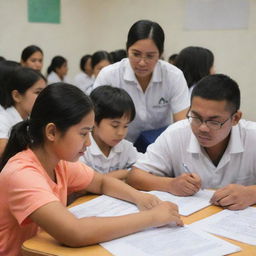 A diverse group of Filipino students of all ages engaging in tutoring services, in a setting that showcases the culture and landscape of the Philippines.