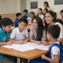 A diverse group of Filipino students of all ages engaging in tutoring services, in a setting that showcases the culture and landscape of the Philippines.