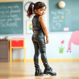 A young Indian school girl, 16 years old, wearing shiny tight black latex leather jeans and stylish black shoes, presenting a cute and playful appearance