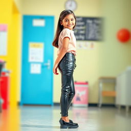 A young Indian school girl, 16 years old, wearing shiny tight black latex leather jeans and stylish black shoes, presenting a cute and playful appearance