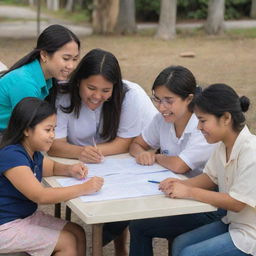 A diverse group of Filipino students of all ages engaging in tutoring services, in a setting that showcases the culture and landscape of the Philippines.