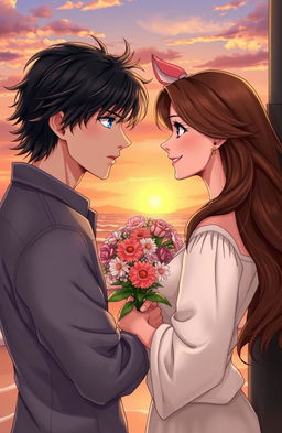 A romantic scene depicting a love triangle involving three characters: a handsome man with tousled dark hair and piercing blue eyes, portrayed in a pensive pose; a beautiful woman with long flowing brunette hair and a warm smile, holding a bouquet of flowers, gazing affectionately at the man; and a charming rival, with short sandy hair and confident demeanor, leaning casually against a wall with a mischievous grin