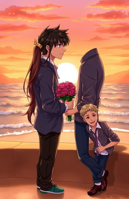 A romantic scene depicting a love triangle involving three characters: a handsome man with tousled dark hair and piercing blue eyes, portrayed in a pensive pose; a beautiful woman with long flowing brunette hair and a warm smile, holding a bouquet of flowers, gazing affectionately at the man; and a charming rival, with short sandy hair and confident demeanor, leaning casually against a wall with a mischievous grin