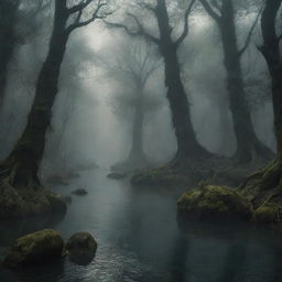 A depiction of the mythical Acheron river from Greek mythology. It's a dark, tormented river, often represented in a deep misty forest with ghostly figures and ancient Greek architectural pieces scattered nearby.