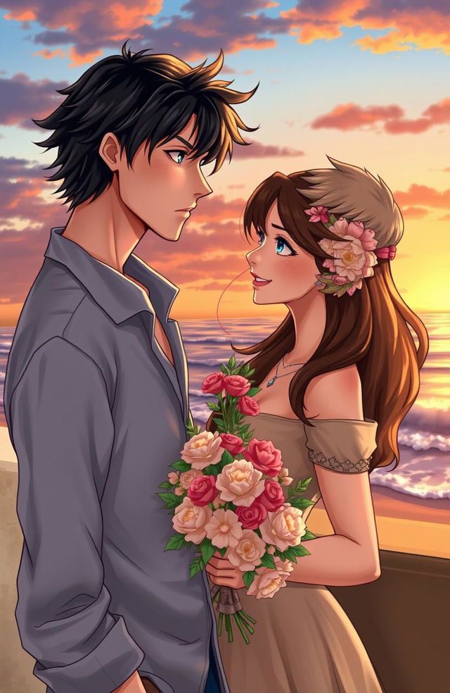 A romantic scene depicting a love triangle involving three characters: a handsome man with tousled dark hair and piercing blue eyes, portrayed in a pensive pose; a beautiful woman with long flowing brunette hair and a warm smile, holding a bouquet of flowers, gazing affectionately at the man; and a charming rival, with short sandy hair and confident demeanor, leaning casually against a wall with a mischievous grin