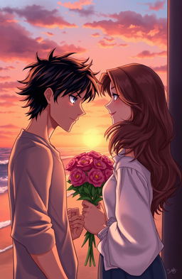 A romantic scene depicting a love triangle involving three characters: a handsome man with tousled dark hair and piercing blue eyes, portrayed in a pensive pose; a beautiful woman with long flowing brunette hair and a warm smile, holding a bouquet of flowers, gazing affectionately at the man; and a charming rival, with short sandy hair and confident demeanor, leaning casually against a wall with a mischievous grin