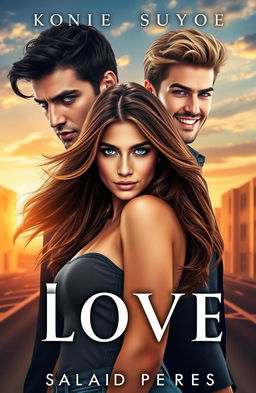 A captivating romance novel cover depicting a dramatic love triangle