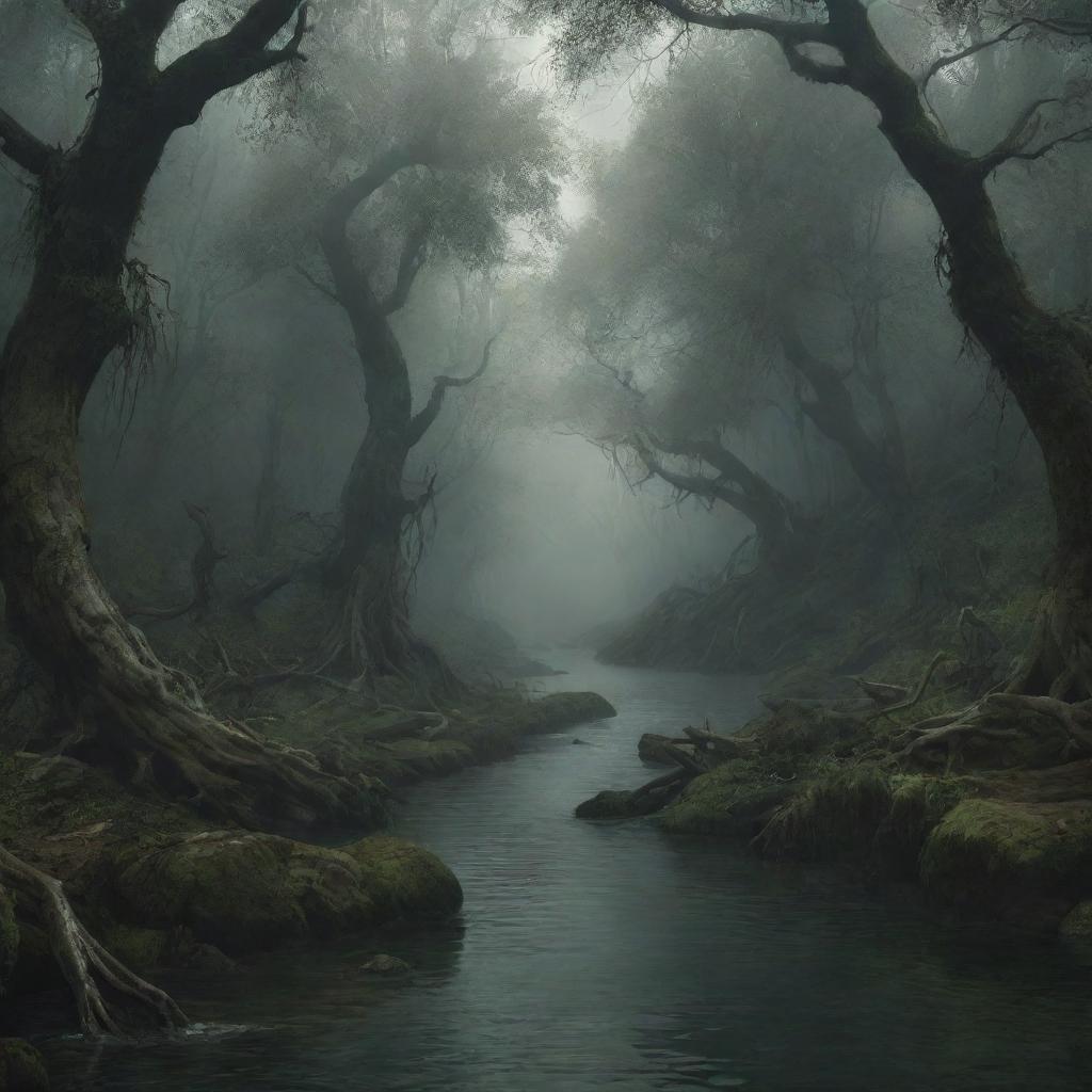 A depiction of the mythical Acheron river from Greek mythology. It's a dark, tormented river, often represented in a deep misty forest with ghostly figures and ancient Greek architectural pieces scattered nearby.