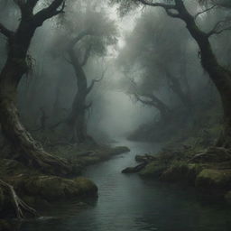 A depiction of the mythical Acheron river from Greek mythology. It's a dark, tormented river, often represented in a deep misty forest with ghostly figures and ancient Greek architectural pieces scattered nearby.