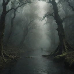 A depiction of the mythical Acheron river from Greek mythology. It's a dark, tormented river, often represented in a deep misty forest with ghostly figures and ancient Greek architectural pieces scattered nearby.