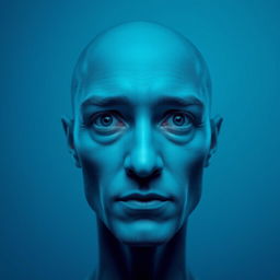 An intense blue background featuring the head of a person, with a key-shaped hole in the center of the forehead, creating a surreal and thought-provoking visual