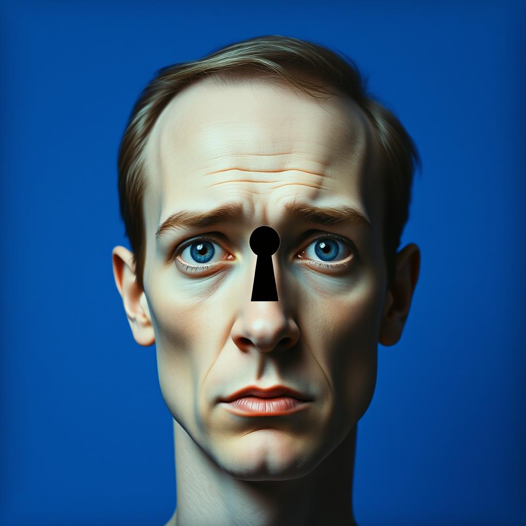 An intense blue background featuring the head of a person, with a key-shaped hole in the center of the forehead, creating a surreal and thought-provoking visual