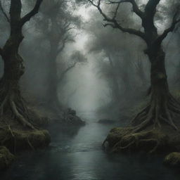 A depiction of the mythical Acheron river from Greek mythology. It's a dark, tormented river, often represented in a deep misty forest with ghostly figures and ancient Greek architectural pieces scattered nearby.