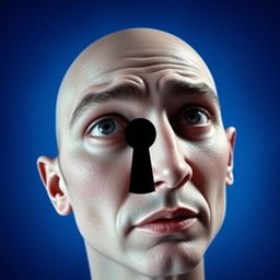 An intense blue background featuring the head of a person, with a key-shaped hole in the center of the forehead, creating a surreal and thought-provoking visual