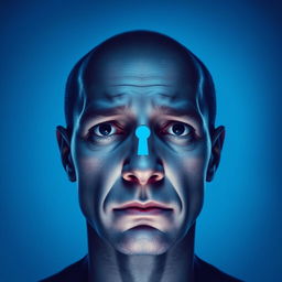 An intense blue background featuring the head of a person, with a key-shaped hole in the center of the forehead, creating a surreal and thought-provoking visual