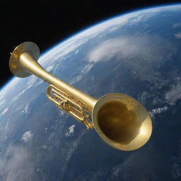 Planet Earth viewed from space with a gigantic, golden trumpet majestically hovering above it