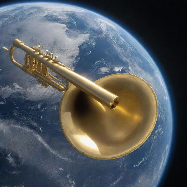 Planet Earth viewed from space with a gigantic, golden trumpet majestically hovering above it