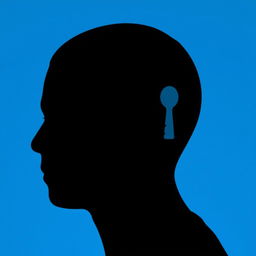 A silhouette of a person's head viewed from behind, featuring a distinctive key-shaped hole located at the back of the head