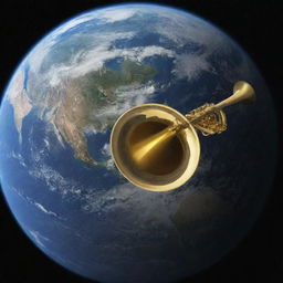 Planet Earth viewed from space with a gigantic, golden trumpet majestically hovering above it