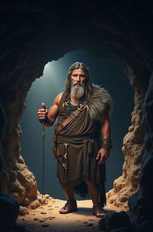 An ancient man standing confidently in the middle of a cave, illuminated by a flickering fire nearby