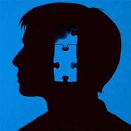 A silhouette of a person's head viewed from behind, designed as a profile made of puzzle pieces, with one piece missing