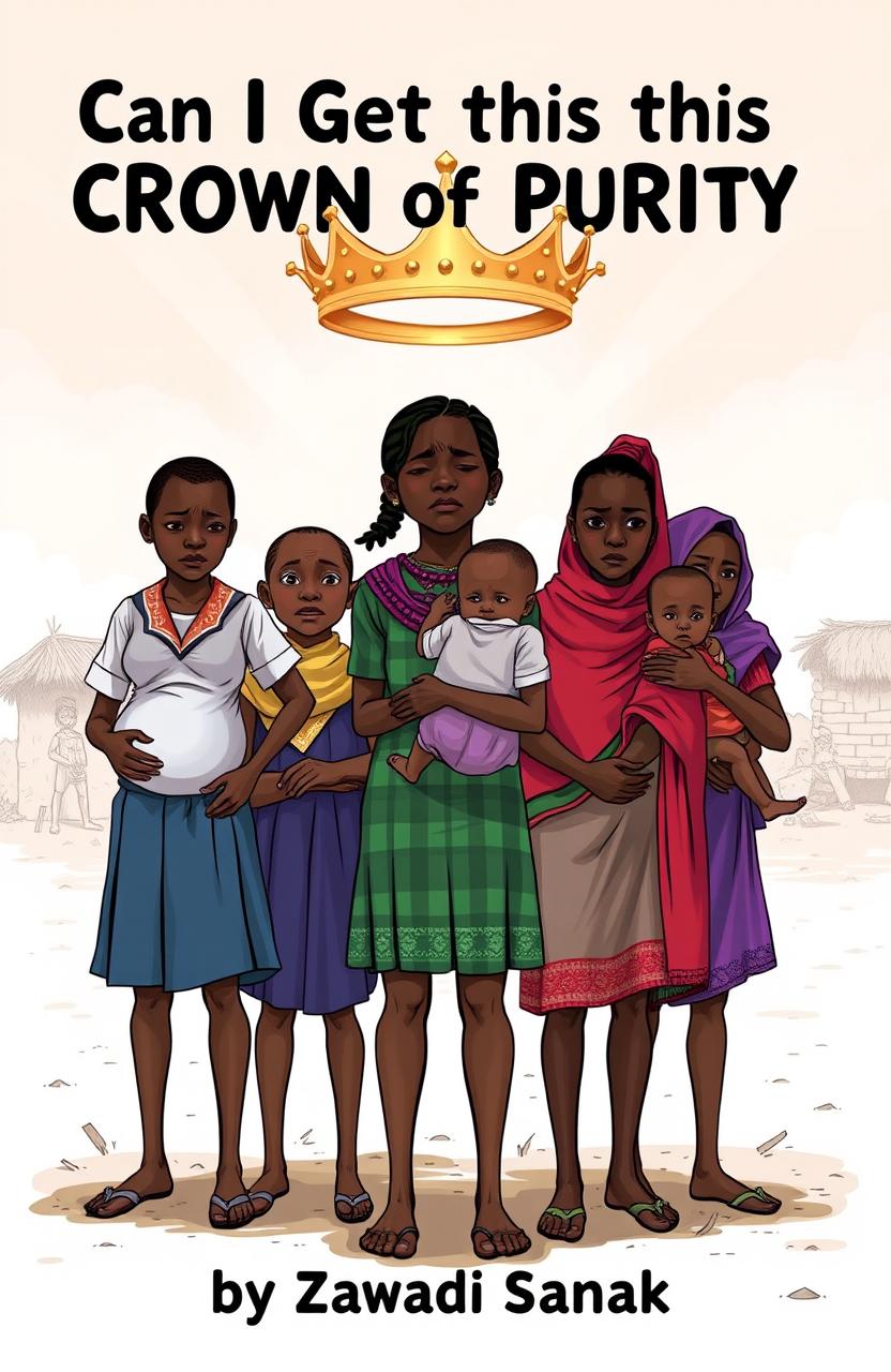 A poignant illustration depicting six young Maasai girls, each expressing a mix of sadness and desperation as they navigate the challenges of pursuing sexual purity