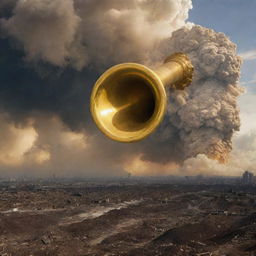 Scene of Earth's catastrophic destruction as a gigantic, golden trumpet is blown, symbolizing the end of times