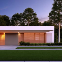 Generate a front elevation view of a single-story house in a modern architectural style