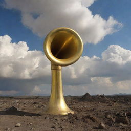 Scene of Earth's catastrophic destruction as a gigantic, golden trumpet is blown, symbolizing the end of times