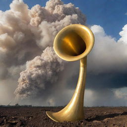 Scene of Earth's catastrophic destruction as a gigantic, golden trumpet is blown, symbolizing the end of times