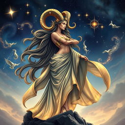 A magnificent Capricorn goddess, depicted as a beautiful and powerful woman with long flowing hair adorned with stars and celestial motifs