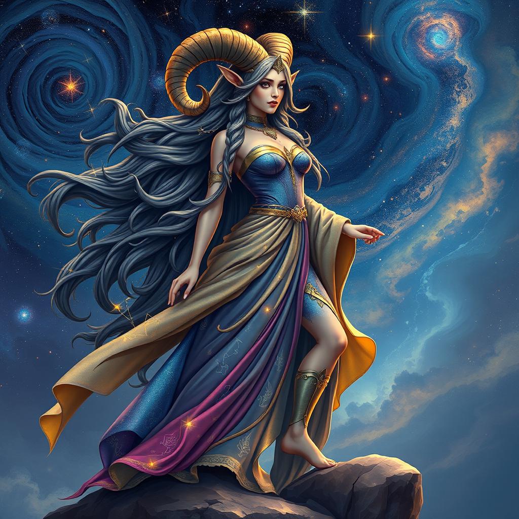 A magnificent Capricorn goddess, depicted as a beautiful and powerful woman with long flowing hair adorned with stars and celestial motifs