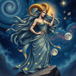 A magnificent Capricorn goddess, depicted as a beautiful and powerful woman with long flowing hair adorned with stars and celestial motifs