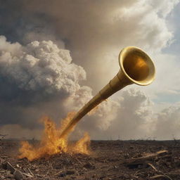 Scene of Earth's catastrophic destruction as a gigantic, golden trumpet is blown, symbolizing the end of times