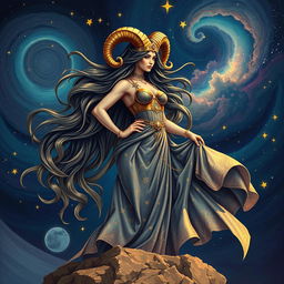 A magnificent Capricorn goddess, depicted as a beautiful and powerful woman with long flowing hair adorned with stars and celestial motifs