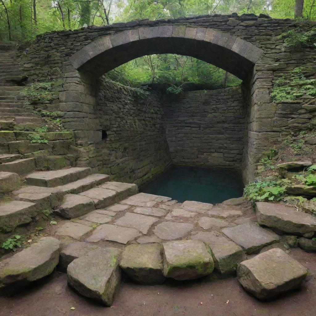 A mysterious sunken pit with an ancient stone archway standing firmly on its elevated platform or dais.