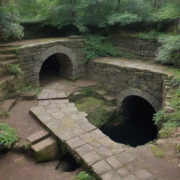 A mysterious sunken pit with an ancient stone archway standing firmly on its elevated platform or dais.