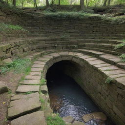 A mysterious sunken pit with an ancient stone archway standing firmly on its elevated platform or dais.