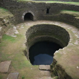 A mysterious sunken pit with an ancient stone archway standing firmly on its elevated platform or dais.