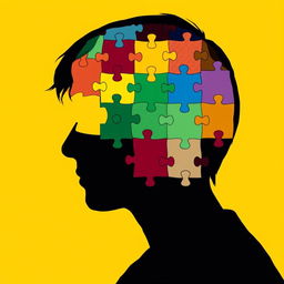 A creative silhouette of a person's head viewed in profile, composed of colorful puzzle pieces