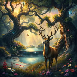 A magical Dungeons & Dragons nature scene depicting a lush, enchanted forest filled with vibrant flora and mystical creatures