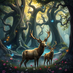 A magical Dungeons & Dragons nature scene depicting a lush, enchanted forest filled with vibrant flora and mystical creatures