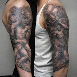 A full arm tattoo design depicting an epic war in ancient Greece, with standout images prominently featuring Greek boxing and Greco-Roman wrestling amidst the chaos of battle.