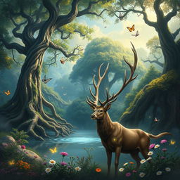 A magical Dungeons & Dragons nature scene depicting a lush, enchanted forest filled with vibrant flora and mystical creatures