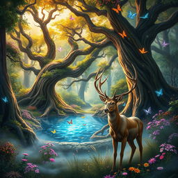 A magical Dungeons & Dragons nature scene depicting a lush, enchanted forest filled with vibrant flora and mystical creatures