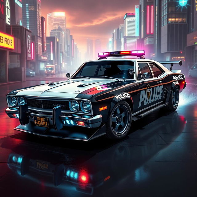 A sleek, heavily-armored police sedan named 'The Enforcer', showcasing a fusion of vintage muscle car aesthetics and futuristic technology